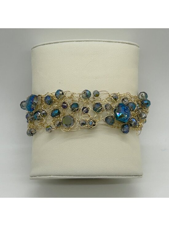 Handmade Jewelry - Handmade Gold-Tone Wire Crochet Bracelet Blue Crystal Beads Woven Mesh Statement